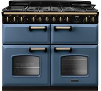 Rangemaster Classic Deluxe 110 CLDLB110DFPSTB/AB1 110cm Dual Fuel Range Cooker with Gas Hob - Stone Blue / Antique Brass - A/A/A Rated, Blue
