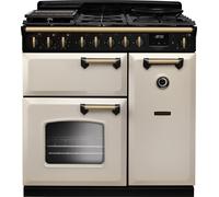 Rangemaster Classic Deluxe 90 CLDL90DFPPCR/AB1 90cm wide Dual Fuel Range Cooker with Gas Hob - Cream / Antique Brass - A Rated