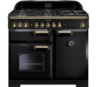 Rangemaster Classic Deluxe CDL100DFFBL/B 100cm Dual Fuel Range Cooker with Gas Hob - Black / Brass - A/A Rated