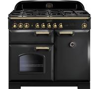 Rangemaster Classic Deluxe CDL100DFFCB/B 100cm Dual Fuel Range Cooker with Gas Hob - Charcoal Black / Brass - A/A Rated
