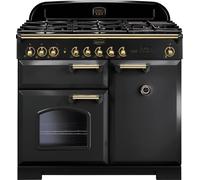Rangemaster Classic Deluxe CDL100DFFCB/B 100cm Dual Fuel Range Cooker with Gas Hob - Charcoal Black / Brass - A/A Rated, Black