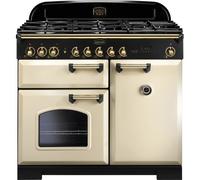 Rangemaster Classic Deluxe CDL100DFFCR/B 100cm Dual Fuel Range Cooker with Gas Hob - Cream / Brass - A/A Rated, Cream