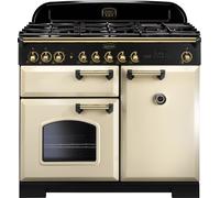 Rangemaster Classic Deluxe CDL100DFFCR/B 100cm wide Dual Fuel Range Cooker with Gas Hob - Cream / Brass - A/A Rated, Cream
