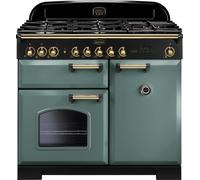 Rangemaster Classic Deluxe CDL100DFFMG/B 100cm Dual Fuel Range Cooker with Gas Hob - Mineral Green / Brass - A/A Rated, Green