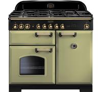 Rangemaster Classic Deluxe CDL100DFFOG/B 100cm wide Dual Fuel Range Cooker with Gas Hob - Olive Green / Brass - A/A Rated, Green