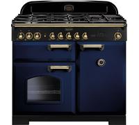 Rangemaster Classic Deluxe CDL100DFFRB/B 100cm Dual Fuel Range Cooker with Gas Hob - Regal Blue / Brass - A/A Rated, Blue
