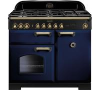 Rangemaster Classic Deluxe CDL100DFFRB/B 100cm wide Dual Fuel Range Cooker with Gas Hob - Regal Blue / Brass - A/A Rated