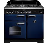 Rangemaster Classic Deluxe CDL100DFFRB/C 100cm wide Dual Fuel Range Cooker with Gas Hob - Regal Blue / Chrome - A/A Rated, Blue