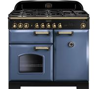 Rangemaster Classic Deluxe CDL100DFFSB/B 100cm Dual Fuel Range Cooker with Gas Hob - Stone Blue / Brass - A/A Rated, Blue