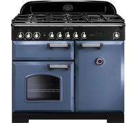 Rangemaster Classic Deluxe CDL100DFFSB/C 100cm Dual Fuel Range Cooker with Gas Hob - Stone Blue / Chrome - A/A Rated, Blue