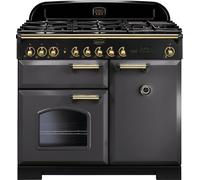 Rangemaster Classic Deluxe CDL100DFFSL/B 100cm Dual Fuel Range Cooker with Gas Hob - Slate / Brass - A/A Rated, Grey