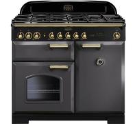 Rangemaster Classic Deluxe CDL100DFFSL/B 100cm wide Dual Fuel Range Cooker with Gas Hob - Slate / Brass - A/A Rated