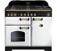 Rangemaster Classic Deluxe CDL100DFFWH/B 100cm Dual Fuel Range Cooker with Gas Hob - White / Brass - A/A Rated, White