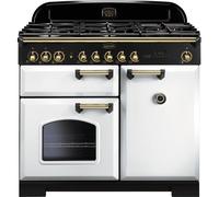 Rangemaster Classic Deluxe CDL100DFFWH/B 100cm Dual Fuel Range Cooker with Gas Hob - White / Brass - A/A Rated