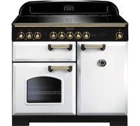 Rangemaster Classic Deluxe CDL100EIWH/B 100cm wide Electric Range Cooker with Induction Hob - White / Brass - A/A Rated