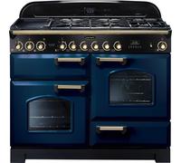 Rangemaster Classic Deluxe CDL110DFFRB/B 110cm wide Dual Fuel Range Cooker with Gas Hob - Regal Blue / Brass - A/A Rated, Blue