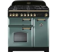 Rangemaster CDL90DFFMG/B Classic Deluxe Mineral green with Brass Trim 90cm Dual Fuel Range Cooker