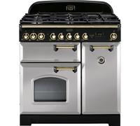 Rangemaster Classic Deluxe CDL90DFFRP/B 90cm Dual Fuel Range Cooker with Gas Hob - Royal Pearl / Brass - A/A Rated, Grey