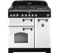 Rangemaster Classic Deluxe CDL90DFFWH/C 90cm wide Dual Fuel Range Cooker with Gas Hob - White / Chrome - A/A Rated, White