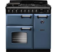 Rangemaster Classic Deluxe CLDL90DFPSTB/CM1 90cm wide Dual Fuel Range Cooker with Gas Hob - Stone Blue / Chrome - A Rated, Blue