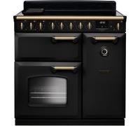 Rangemaster Classic Deluxe CLDL90EIPCBL/AB1 90cm wide Electric Range Cooker with Induction Hob - Charcoal Black / Antique Brass - A/A Rated, Black