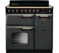 Rangemaster Classic Deluxe CLDL90EIPSLT/AB1 90cm wide Electric Range Cooker with Induction Hob - Slate / Antique Brass - A/A Rated, Grey