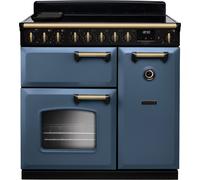Rangemaster Classic Deluxe CLDL90EIPSTB/AB1 90cm wide Electric Range Cooker with Induction Hob - Stone Blue / Antique Brass - A/A Rated, Blue