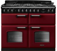 Rangemaster Classic Deluxe CLDLB110DFPBOR/CM1 110cm wide Dual Fuel Range Cooker with Gas Hob - Bordeaux / Chrome - A Rated, Red