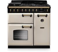 Rangemaster Classic Deluxe 90 CLDL90DFPPCR/AB1 90cm wide Dual Fuel Range Cooker with Gas Hob - Cream / Antique Brass - A Rated, Cream