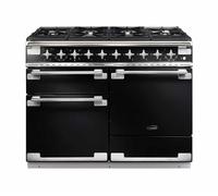 Rangemaster Elise 110 ELS110DFFGB/ 110cm Wide Gloss Black Dual Fuel Freestanding Range Cooker - Brushed Nickel Trim