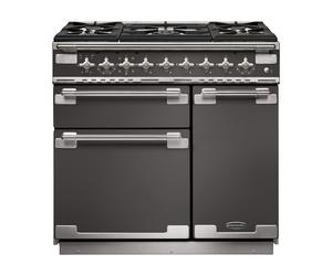 Rangemaster Elise ELS90DFFSL 90cm Wide Slate Dual Fuel Freestanding Range Cooker - Brushed Nickel Trim
