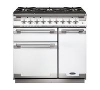 Rangemaster Elise ELS90DFFWH 90cm Wide White Dual Fuel Freestanding Range Cooker - Brushed Nickel Trim