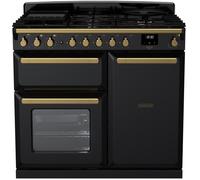 Rangemaster Estel Deluxe ESDL100DFPGBL/AB1 100cm wide Dual Fuel Range Cooker with Gas Hob - Black / Antique Brass - A/A Rated, Black