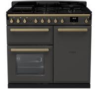 Rangemaster Estel Deluxe ESDL100DFPSLT/AB1 100cm wide Dual Fuel Range Cooker with Gas Hob - Slate / Antique Brass - A Grey