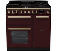 Rangemaster Estel Deluxe ESDL90DFPBOR/AB1 90cm Dual Fuel Range Cooker with Gas Hob - Bordeaux / Antique Brass - A/A Rated, Red