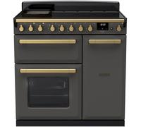 Rangemaster Estel Deluxe ESDL90EIPSLT/AB1 90cm wide Electric Range Cooker with Induction Hob - Slate / Antique Brass - A/A Rated, Grey