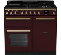 Rangemaster Estel Deluxe ESDL100DFPBOR/AB1 100cm wide Dual Fuel Range Cooker with Gas Hob - Bordeaux / Antique Brass - A/A Rated, Red