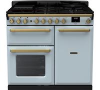 Rangemaster Estel Deluxe ESDL100DFPMSB/AB1 100cm wide Dual Fuel Range Cooker with Gas Hob - Misty Blue / Antique Brass - A/A Rated, Blue