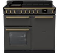 Rangemaster Estel Deluxe ESDL100EIPSLT/AB1 100cm wide Electric Range Cooker with Induction Hob - Slate / Antique Brass - A/A Rated, Grey
