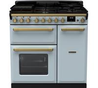 Rangemaster Estel Deluxe ESDL90DFPMSB/AB1 90cm wide Dual Fuel Range Cooker with Gas Hob - Misty Blue / Antique Brass - A Blue