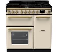 Rangemaster Estel Deluxe ESDL90DFPPCR/AB1 90cm wide Dual Fuel Range Cooker with Gas Hob - Cream / Antique Brass - A/A Rated, Cream