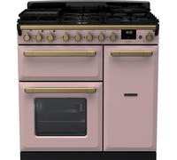 Rangemaster Estel Deluxe ESDL90DFPPPK/AB1 90cm wide Dual Fuel Range Cooker with Gas Hob - Pale Pink / Antique Brass - A Pink