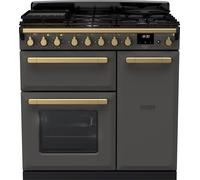 Rangemaster Estel Deluxe ESDL90DFPSLT/AB1 90cm wide Dual Fuel Range Cooker with Gas Hob - Slate / Antique Brass - A Grey