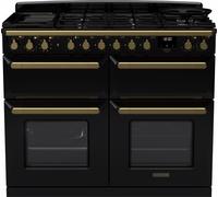 Rangemaster Estel Deluxe ESDLB110DFPGBL/AB1 110cm wide Dual Fuel Range Cooker with Gas Hob - Black / Antique Brass - A/A Rated, Black