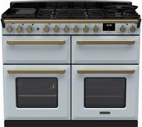 Rangemaster Estel Deluxe ESDLB110DFPMSB/AB1 110cm wide Dual Fuel Range Cooker with Gas Hob - Misty Blue / Antique Brass - A/A Rated, Blue