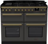 Rangemaster Estel Deluxe ESDLB110DFPSLT/AB1 110cm wide Dual Fuel Range Cooker with Gas Hob - Slate / Antique Brass - A/A Rated, Grey