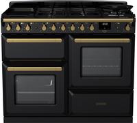Rangemaster Estel Deluxe ESDLO110DFPGBL/AB1 110cm wide Dual Fuel Range Cooker with Gas Hob - Black / Antique Brass - A/A Rated, Black