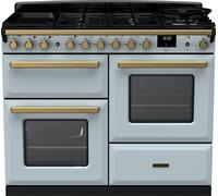 Rangemaster Estel Deluxe ESDLO110DFPMSB/AB1 110cm wide Dual Fuel Range Cooker with Gas Hob - Misty Blue / Antique Brass - A/A Rated, Blue