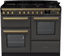 Rangemaster Estel Deluxe ESDLO110DFPSLT/AB1 110cm Dual Fuel Range Cooker with Gas Hob - Slate / Antique Brass - A/A Rated, Grey