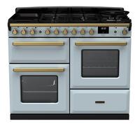 Rangemaster Estel Deluxe Offset Cavity ESDLO110DFPMSB/AB1 110cm Wide Misty Blue Dual Fuel Freestanding Range Cooker - Antique Brass Trim